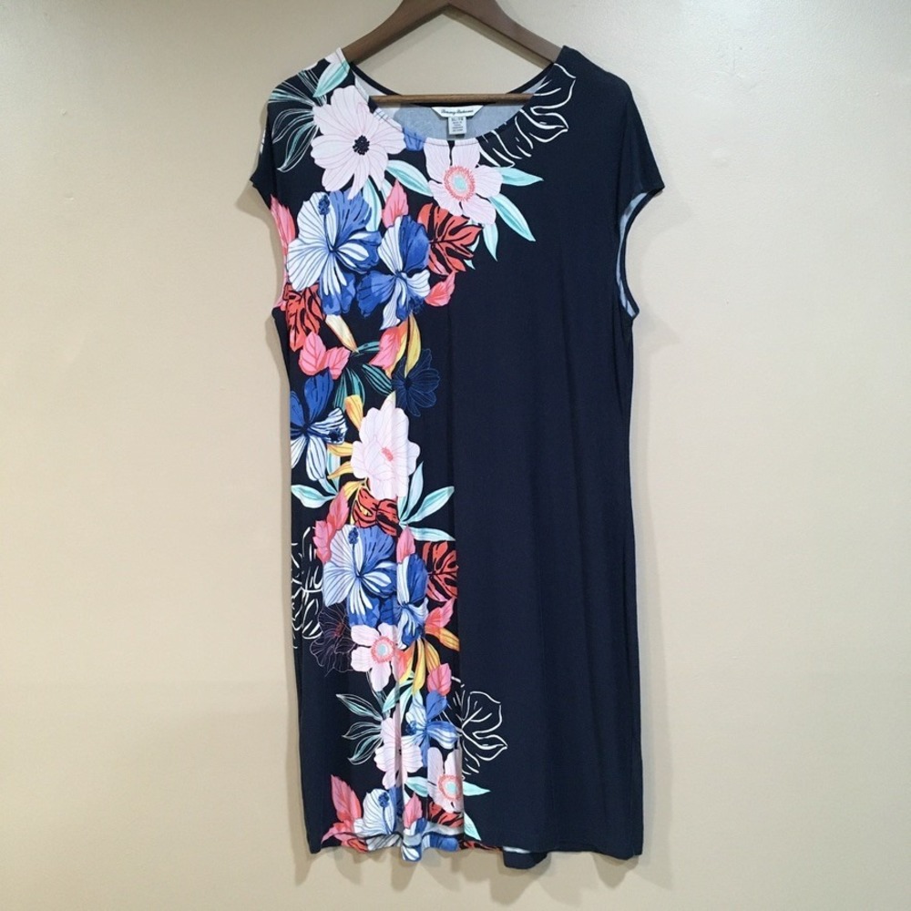 Tommy Bahama Floral T-Shirt Dress Size XL Navy Hibiscus Tropical Vacation Resort